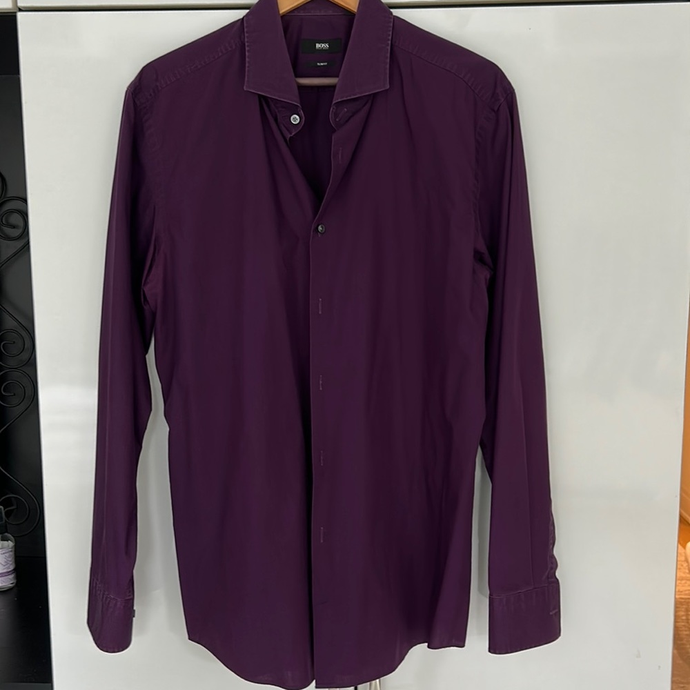 Hugo Boss purple slim fit bottom down shirt